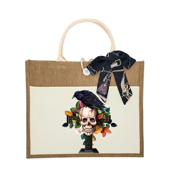 Handbags - Custom Canvas Tote Bag, Large Size - Skulls Option #5 - Cream Tote